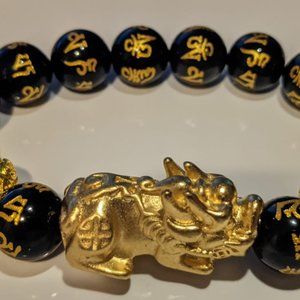 Feng Shui Pixiu Black Obsidian Mani Mantra Bracelet
